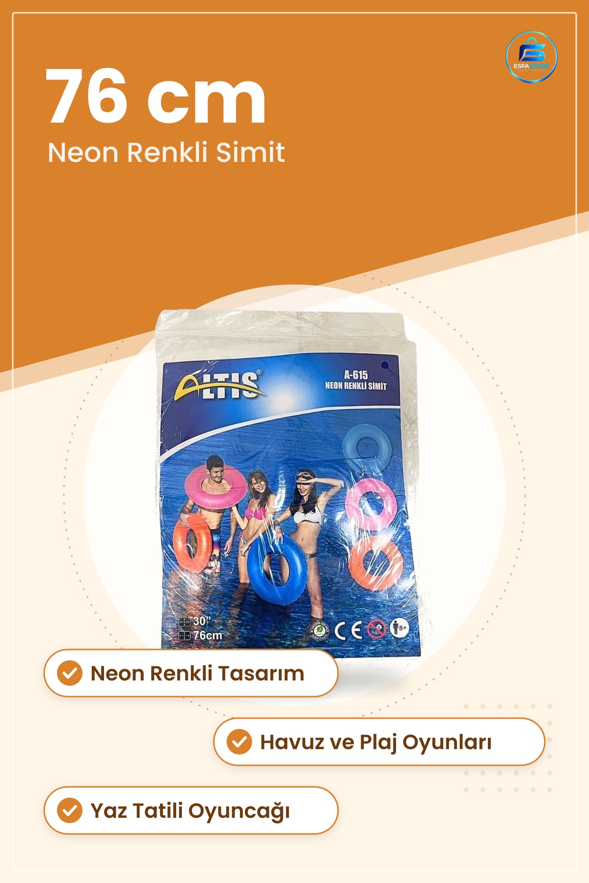 Neon Renkli Simit 76 cm Havuz Yüzme Şİşme Deniz Simidi Plaj Oyuncağı Yaz Tatili Çocuk