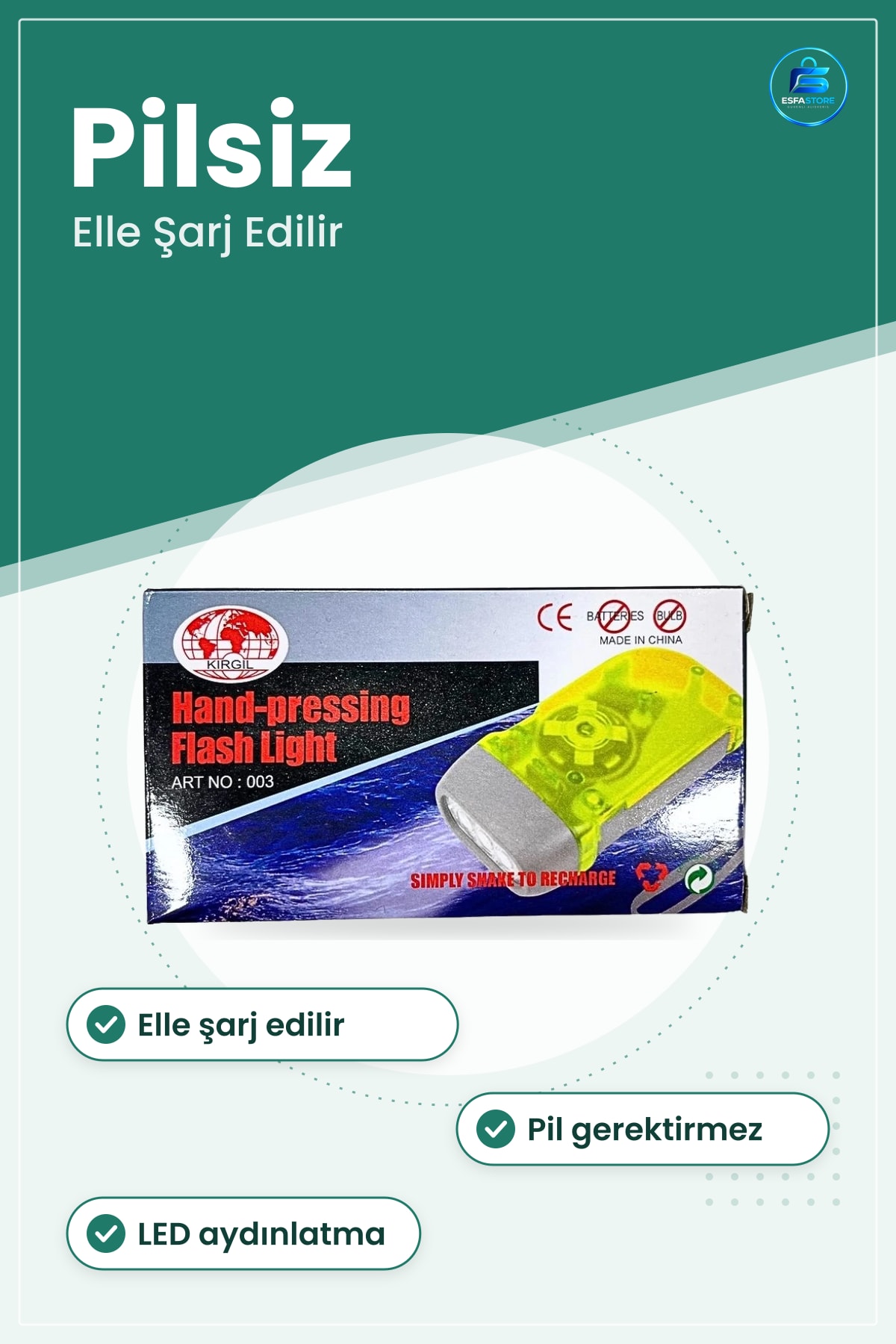 El Feneri Elle Şarj Edilebilen Pilsiz Dinamolu Taşınabilir Kablosuz Kamp Ev Aydınlatma