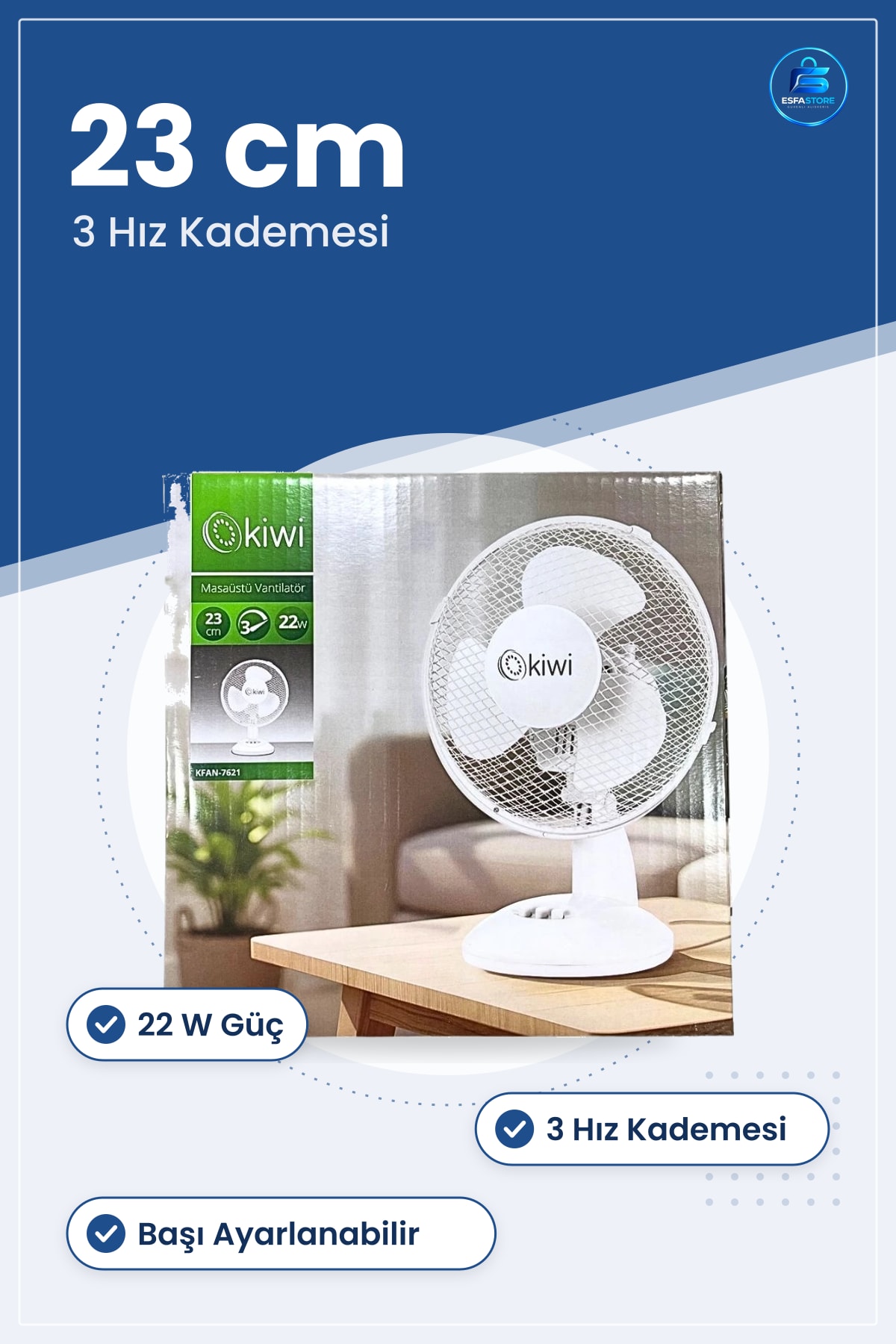 Masaüstü Vantilatör 23 cm 22 W 3 Hız Ayarlı Beyaz Ofis Ev Serin Tutan Sessiz Kompakt Fan