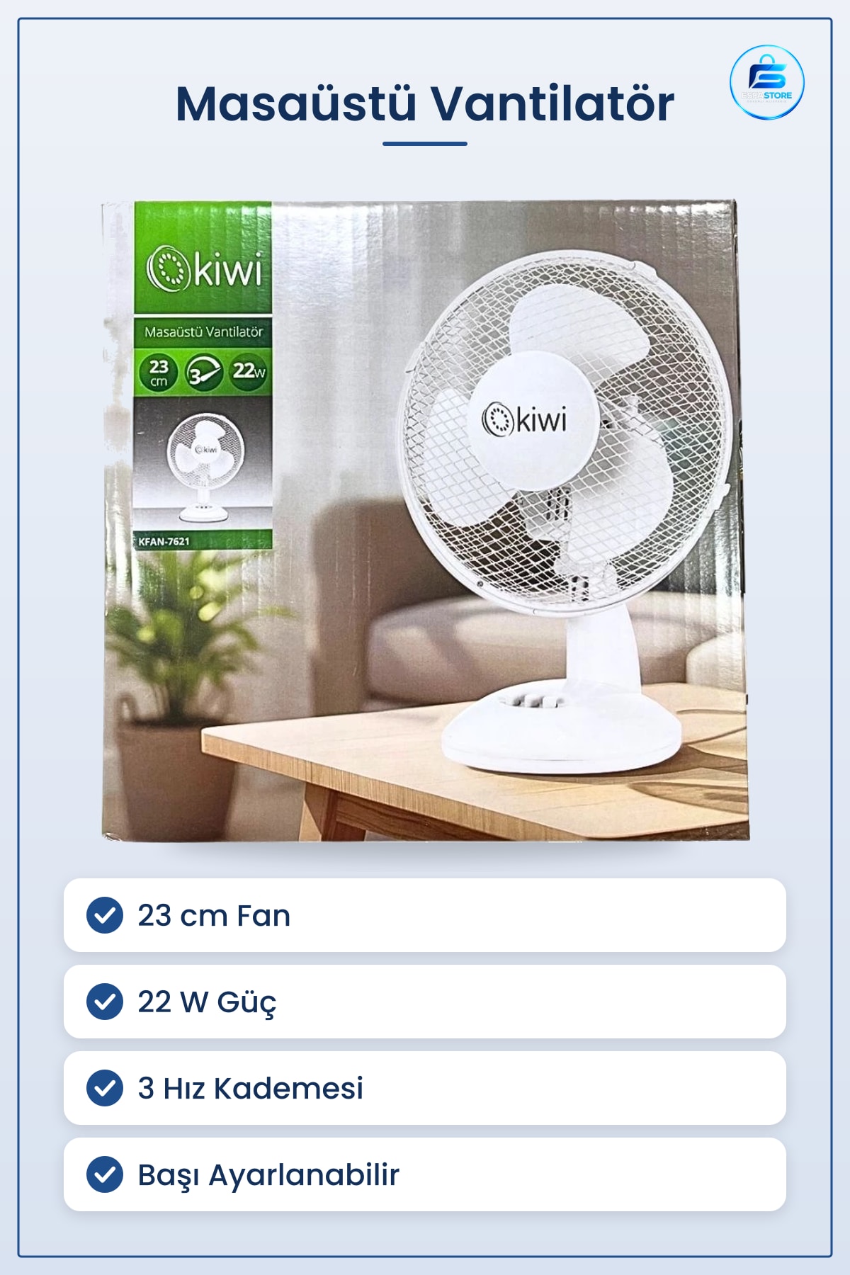 Masaüstü Vantilatör 23 cm 22 W 3 Hız Ayarlı Beyaz Ofis Ev Serin Tutan Sessiz Kompakt Fan