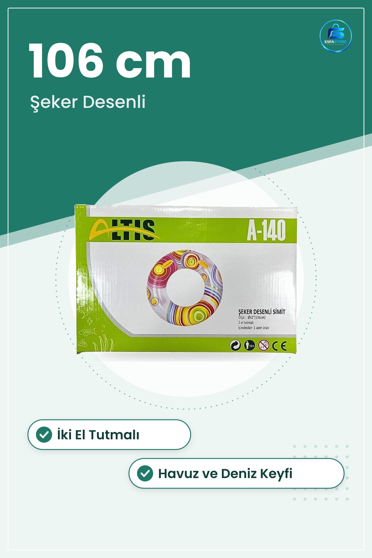 Şeker Desenli Simit 106 cm Yüzme Malzemesi Havuz Su Oyunları Şişirilebilir 2 El Tutmalı