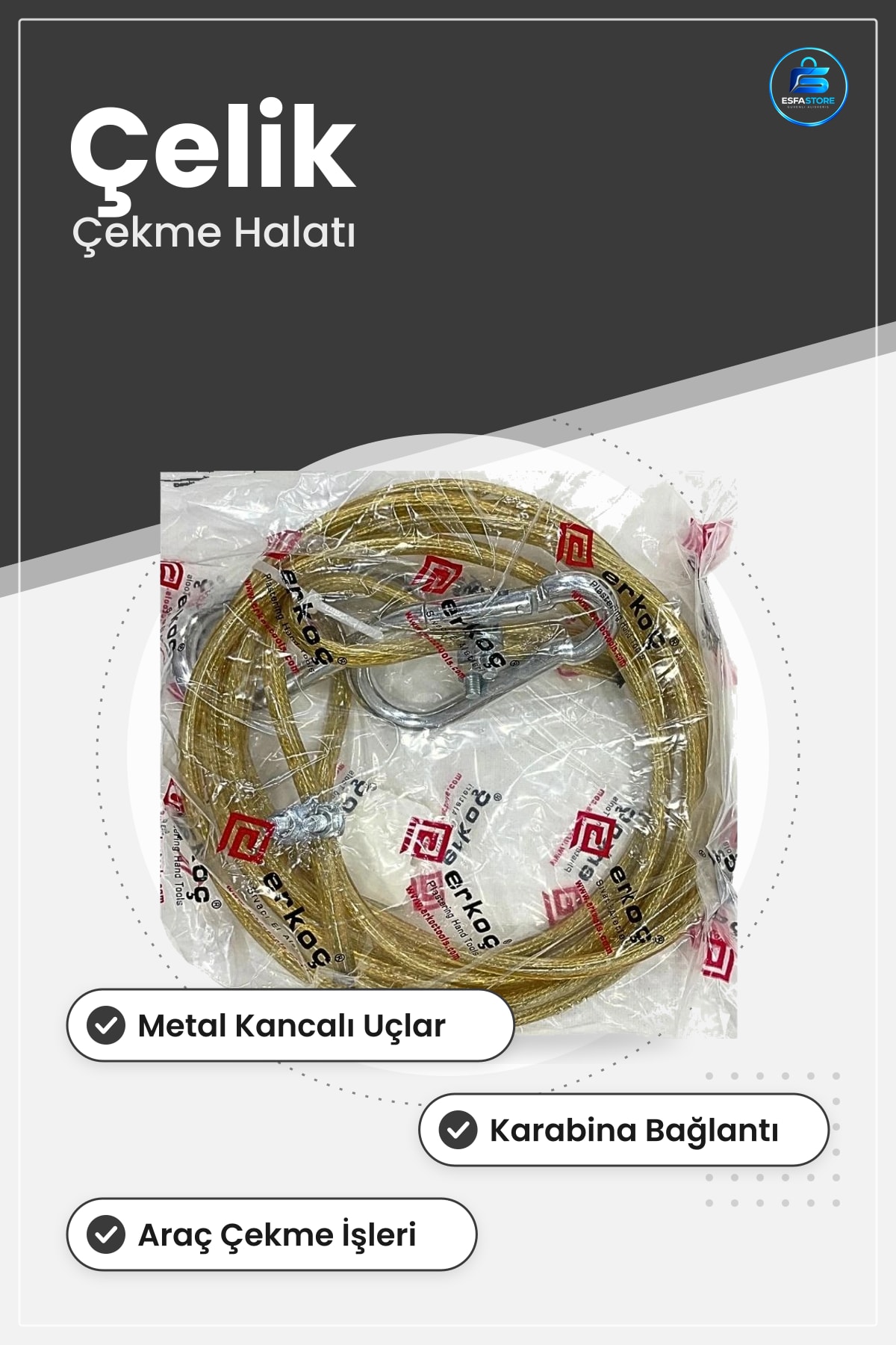Çelik Çekme Halatı Çeki Demiri Araç Kancalı Karabinalı Oto Yol Yardım Kablosu Kaplamlı