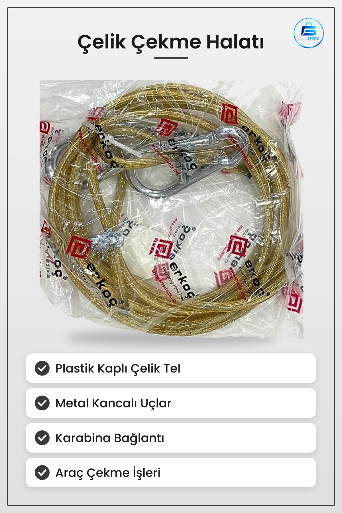 Çelik Çekme Halatı Çeki Demiri Araç Kancalı Karabinalı Oto Yol Yardım Kablosu Kaplamlı