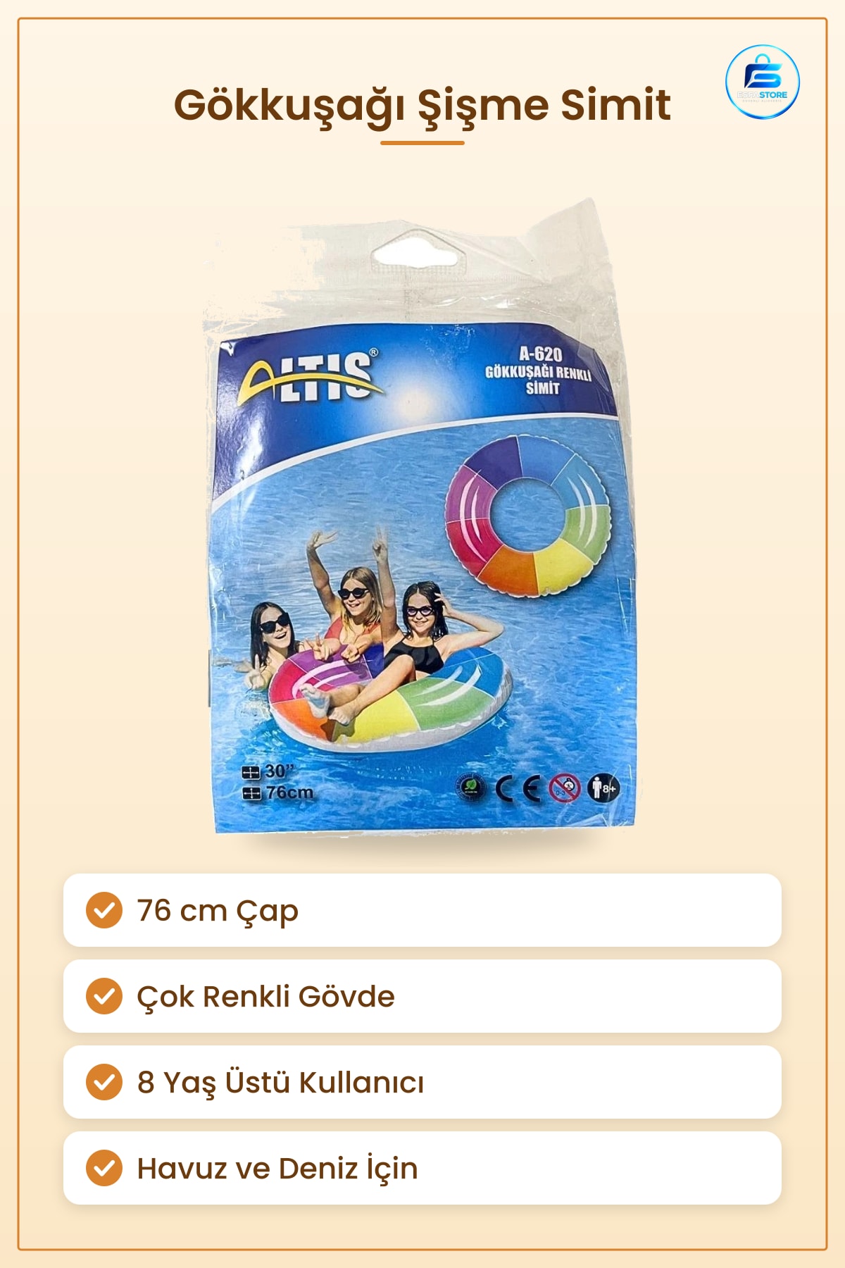 Gökkuşağı Renkli Simit 76 cm Şişme Havuz Deniz Plaj Yüzme Halkası Yaz Tatili Çocuk Yetişkin Su