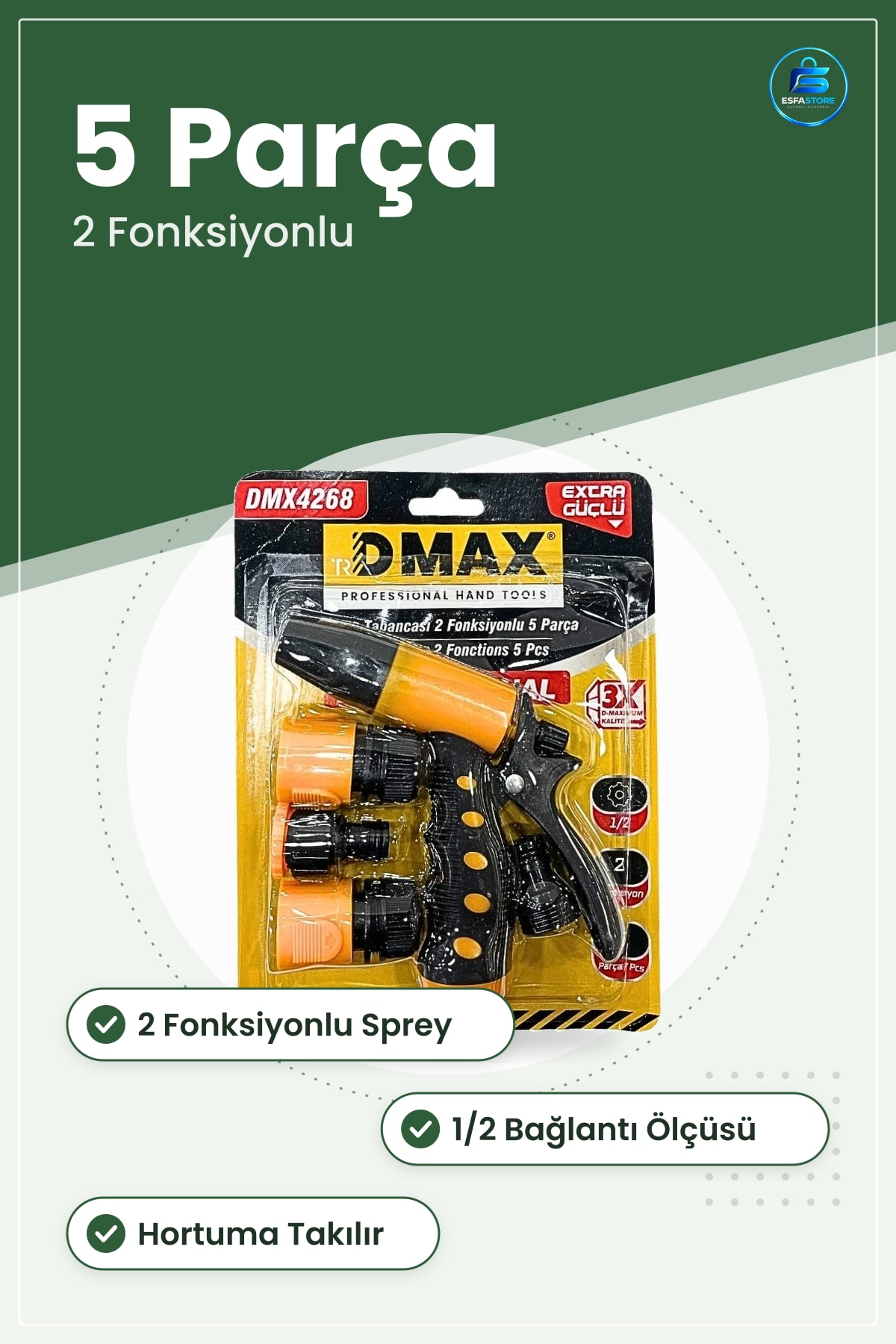 Sulama Tabancısı 2 Fonksiyonlu 5 Parça Bahçe Hortum Püskürtme Pratik Başlık Yıkama Ev