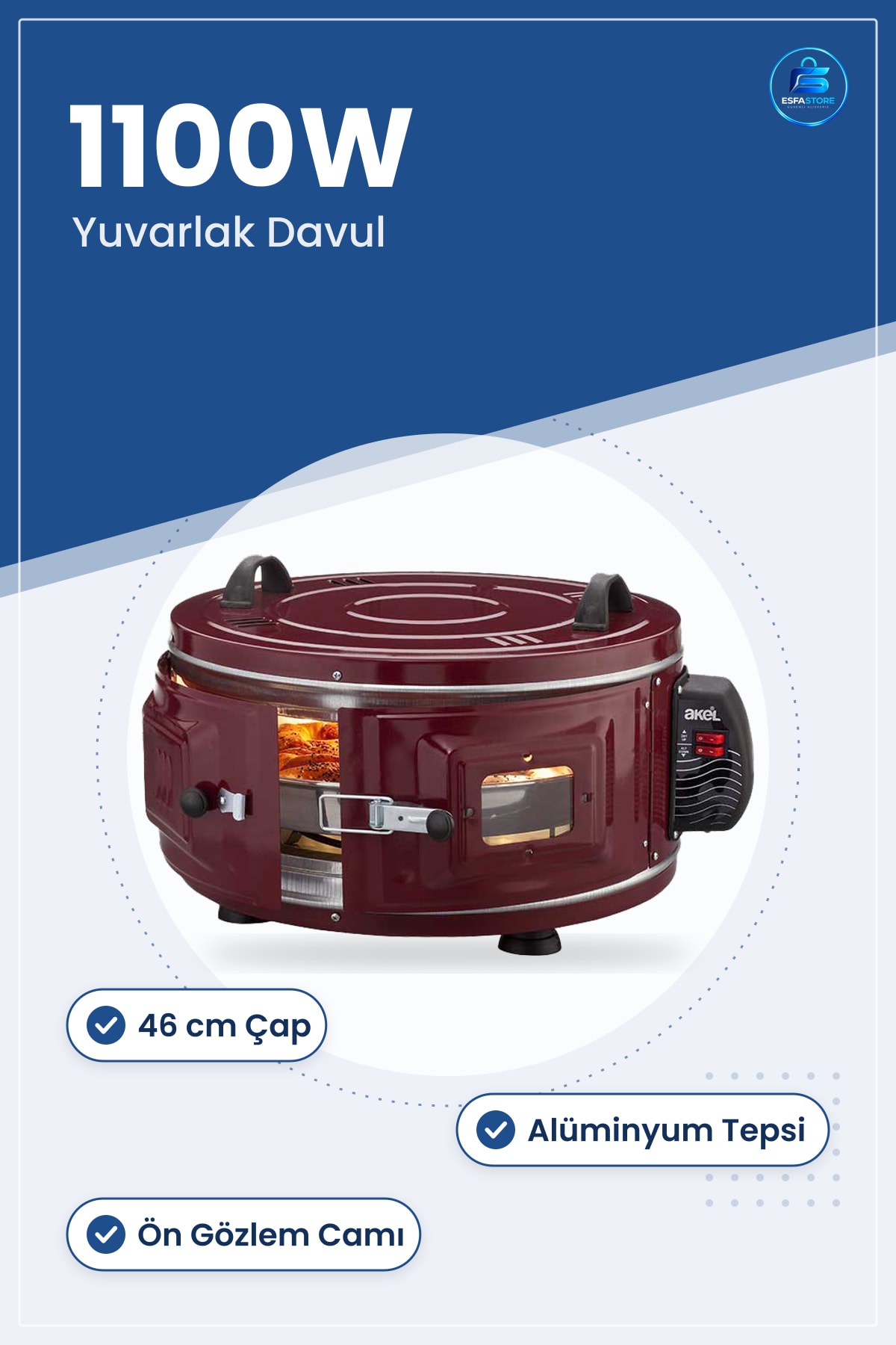 Yuvarlak Davul Fırın 1100W 46 cm Alüminyum Tepsili Ön Camlı Mutfak Pizza Börek Ekmek Izgara