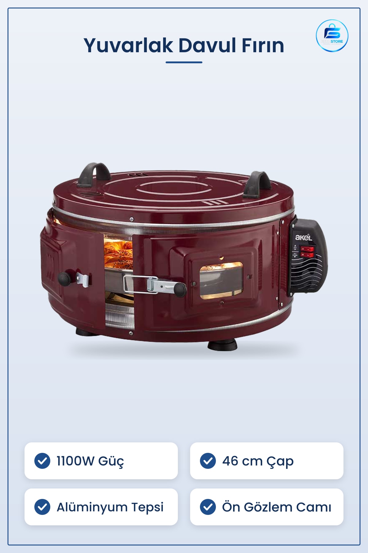 Yuvarlak Davul Fırın 1100W 46 cm Alüminyum Tepsili Ön Camlı Mutfak Pizza Börek Ekmek Izgara