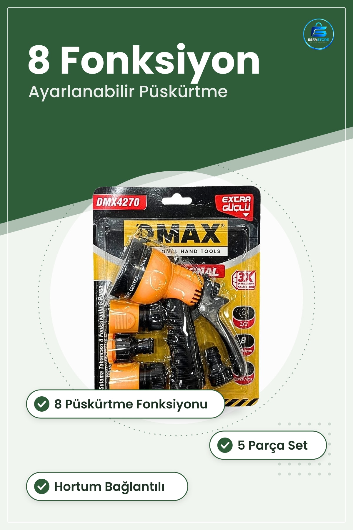 Sulama Tabancısı 8 Fonksiyonlu 5 Parça Hortum Bağlantı Seti Bahçe Başlığı Ayarlanabilir Püskürtme