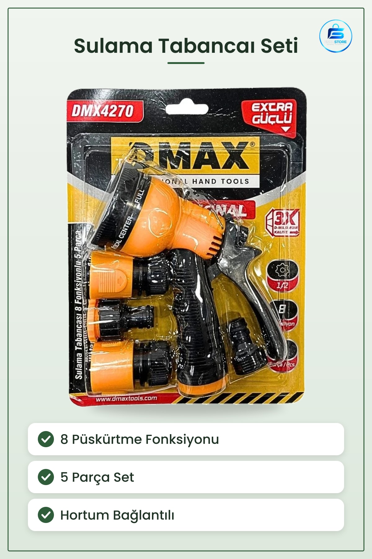 Sulama Tabancısı 8 Fonksiyonlu 5 Parça Hortum Bağlantı Seti Bahçe Başlığı Ayarlanabilir Püskürtme