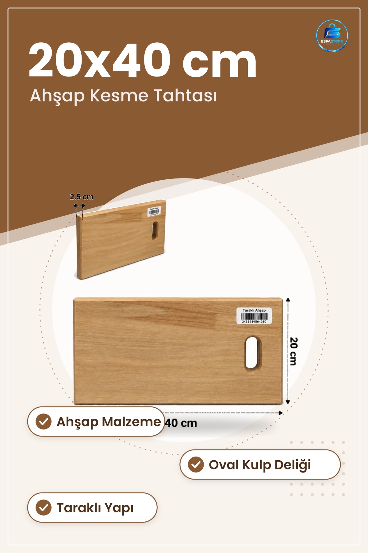 Taraklı Ahşap Kesme Tahtası 20x40 cm Kesim Panosu Mutfak Kulplu 2,5 Doğrama Servis