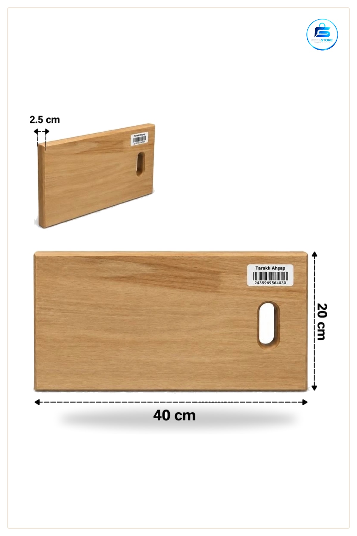 Taraklı Ahşap Kesme Tahtası 20x40 cm Kesim Panosu Mutfak Kulplu 2,5 Doğrama Servis