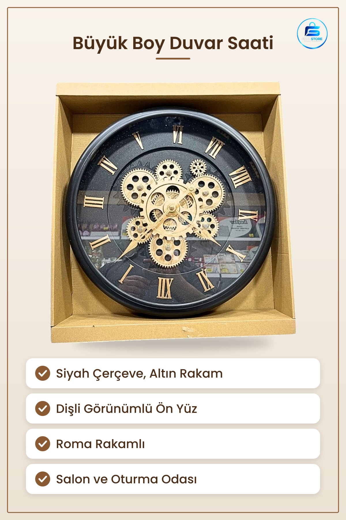 Duvar Saati Büyük Boy Lüks Dişli Siyah Altın Renk Dekoratif Salon Oturma Odası Ev Dekoru
