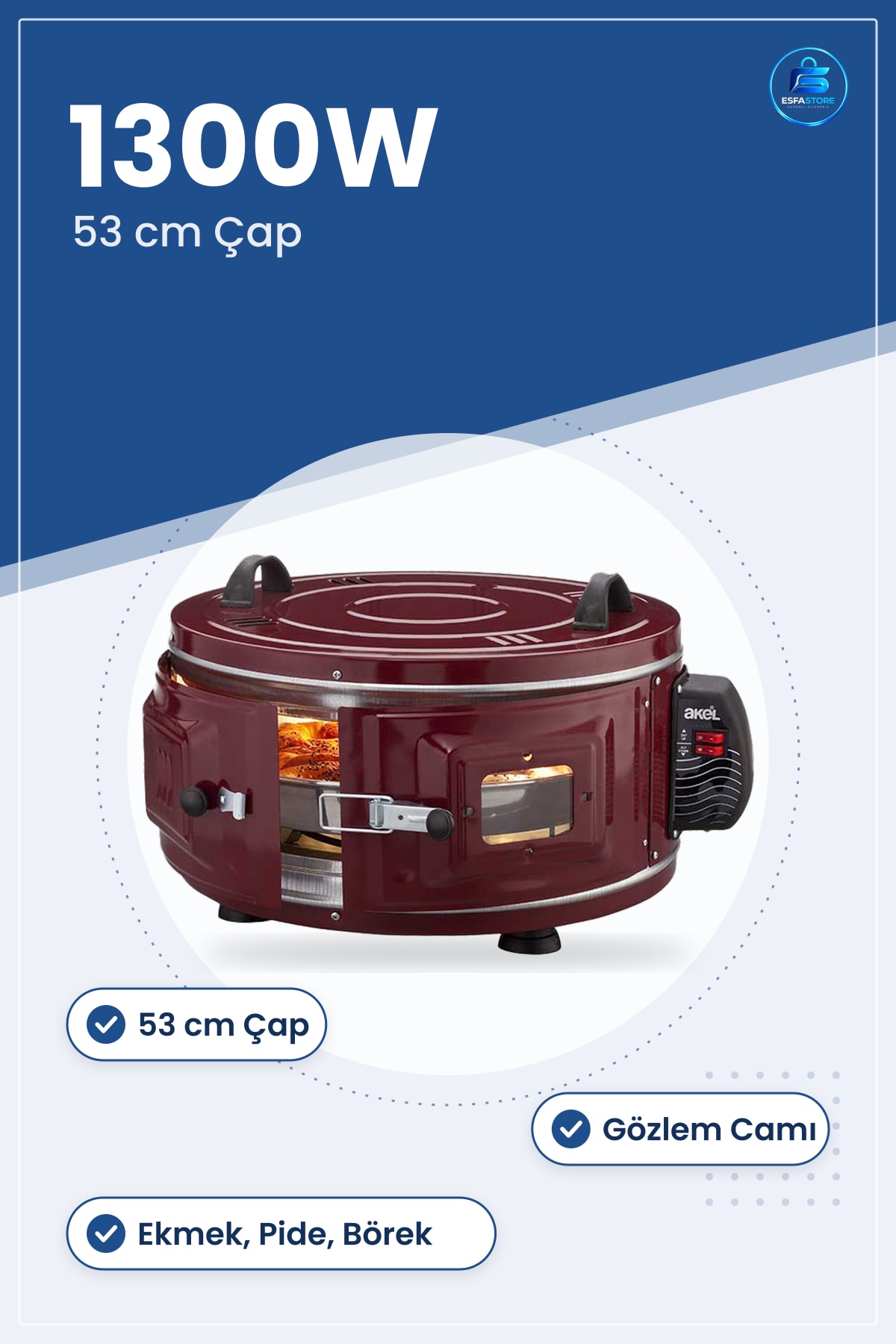 Davul Fırın Yuvarlak 53 cm 1300W Elektrikli Ekmek Pide Börek Pişirici Gözlem Camlı Mutfak Aleti