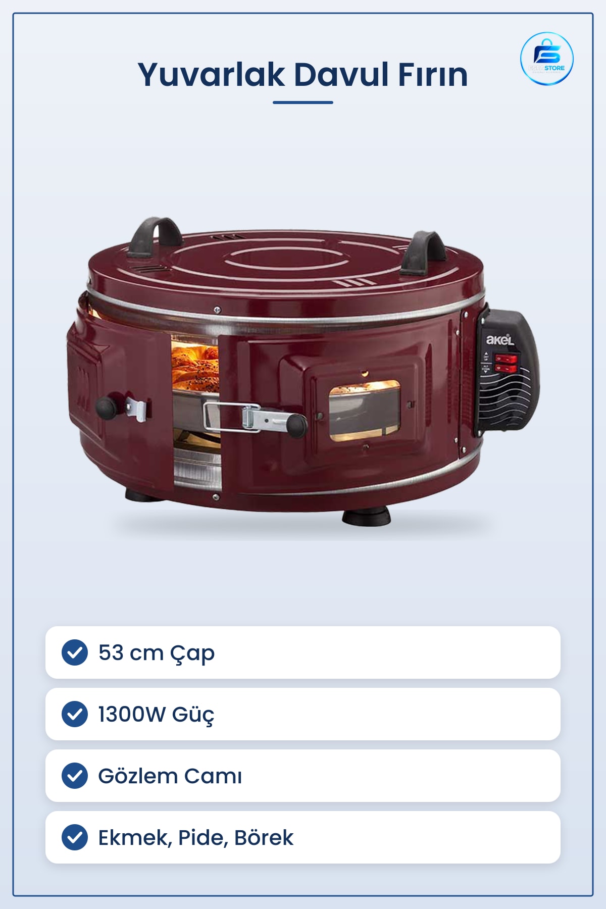 Davul Fırın Yuvarlak 53 cm 1300W Elektrikli Ekmek Pide Börek Pişirici Gözlem Camlı Mutfak Aleti