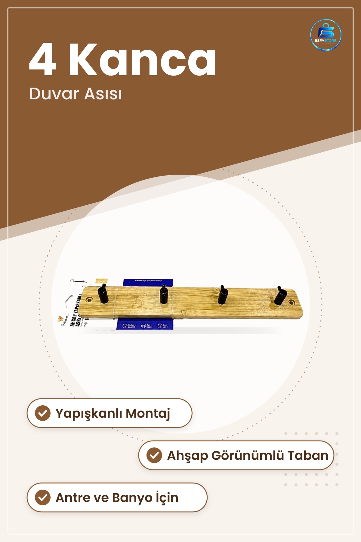 Ahşap Askı 4 Kancalı Yapışkanlı Duvar Montajlı Mutfak Banyo Antre Kıyafet Düzenleyici Aksesuarı