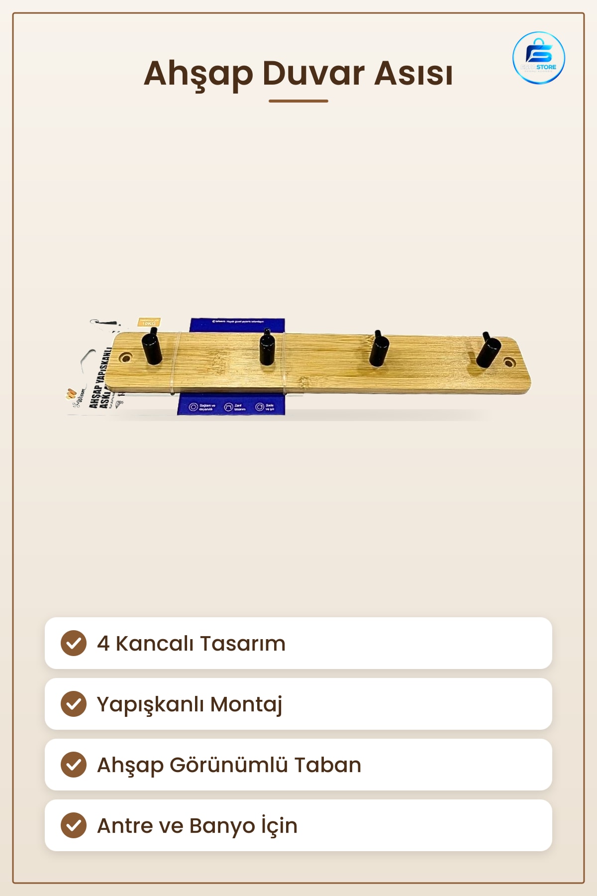 Ahşap Askı 4 Kancalı Yapışkanlı Duvar Montajlı Mutfak Banyo Antre Kıyafet Düzenleyici Aksesuarı