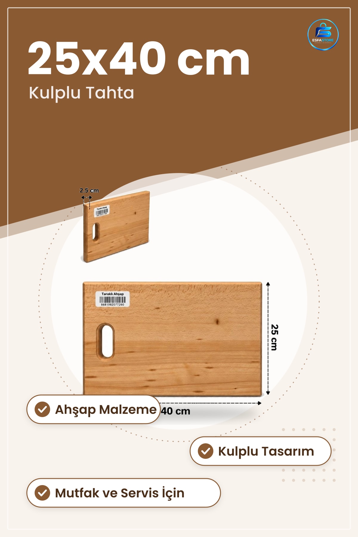 Taraklı Ahşap Kesme Tahtası 25x40 cm Kesim Panosu Mutfak Kulplu 2,5 Doğrama Servis
