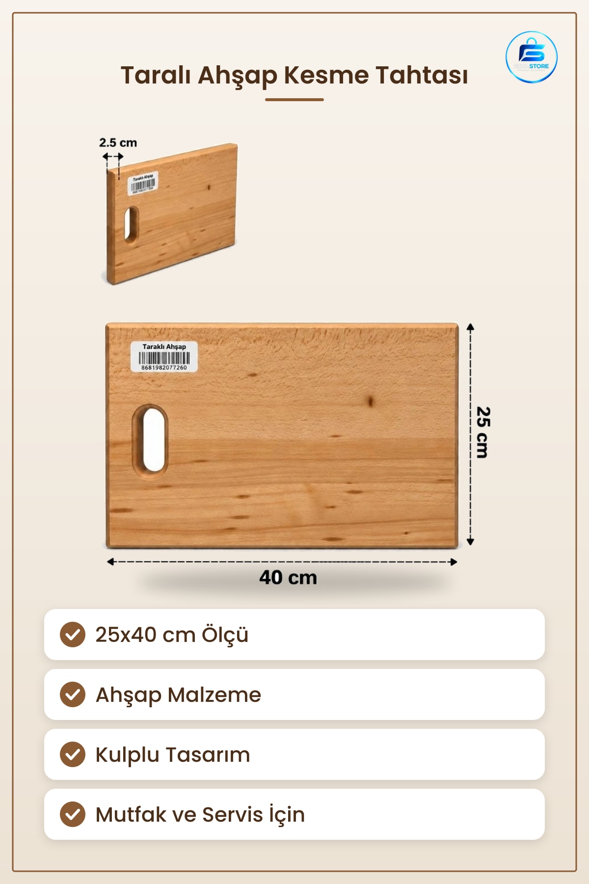 Taraklı Ahşap Kesme Tahtası 25x40 cm Kesim Panosu Mutfak Kulplu 2,5 Doğrama Servis