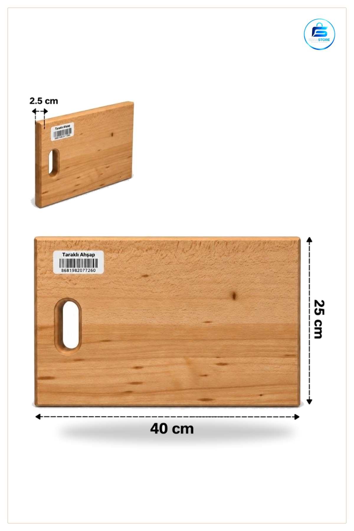 Taraklı Ahşap Kesme Tahtası 25x40 cm Kesim Panosu Mutfak Kulplu 2,5 Doğrama Servis
