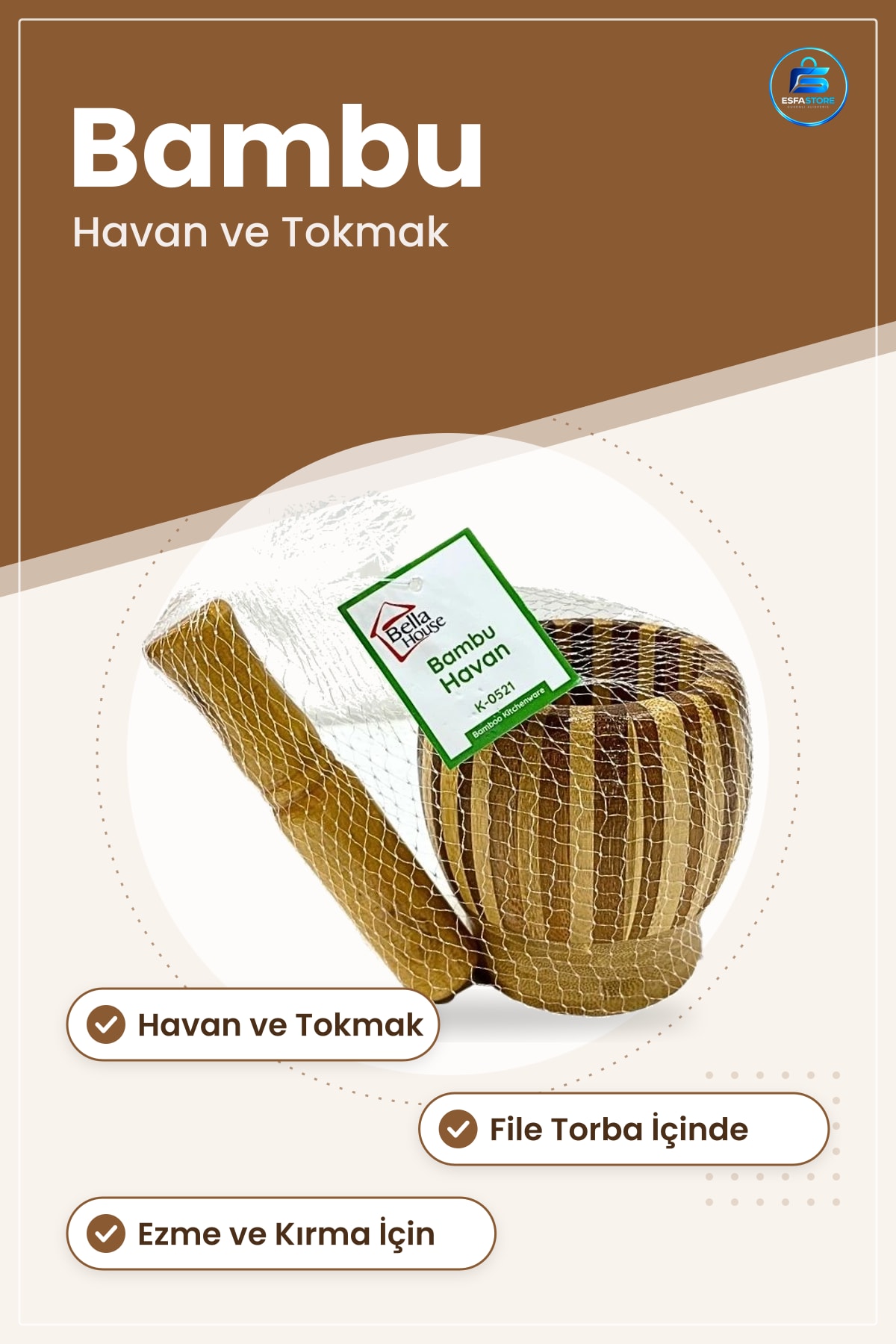 Bambu Havan Tokmağı Mutfak Ezme Kırma Baharat Sarımsak Pratik Kullanım Ev Yemek Hazırlık
