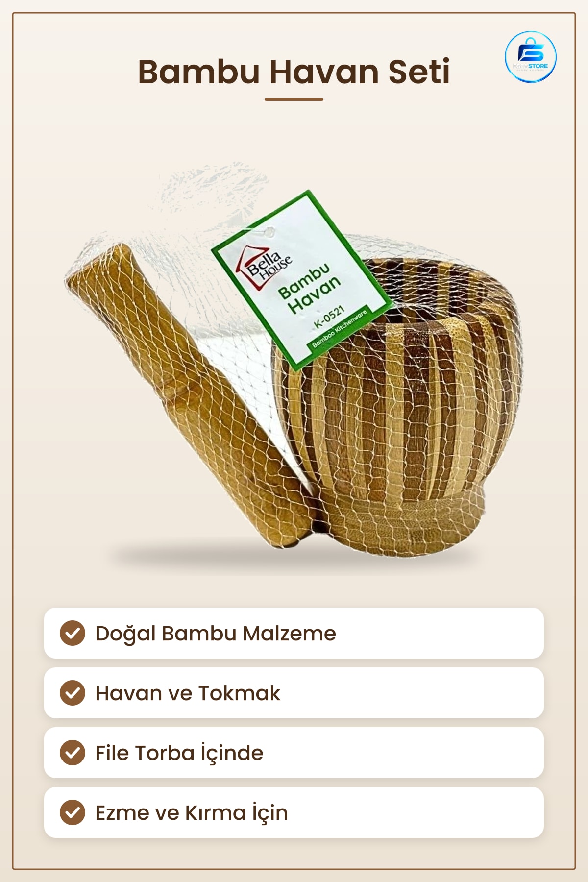 Bambu Havan Tokmağı Mutfak Ezme Kırma Baharat Sarımsak Pratik Kullanım Ev Yemek Hazırlık
