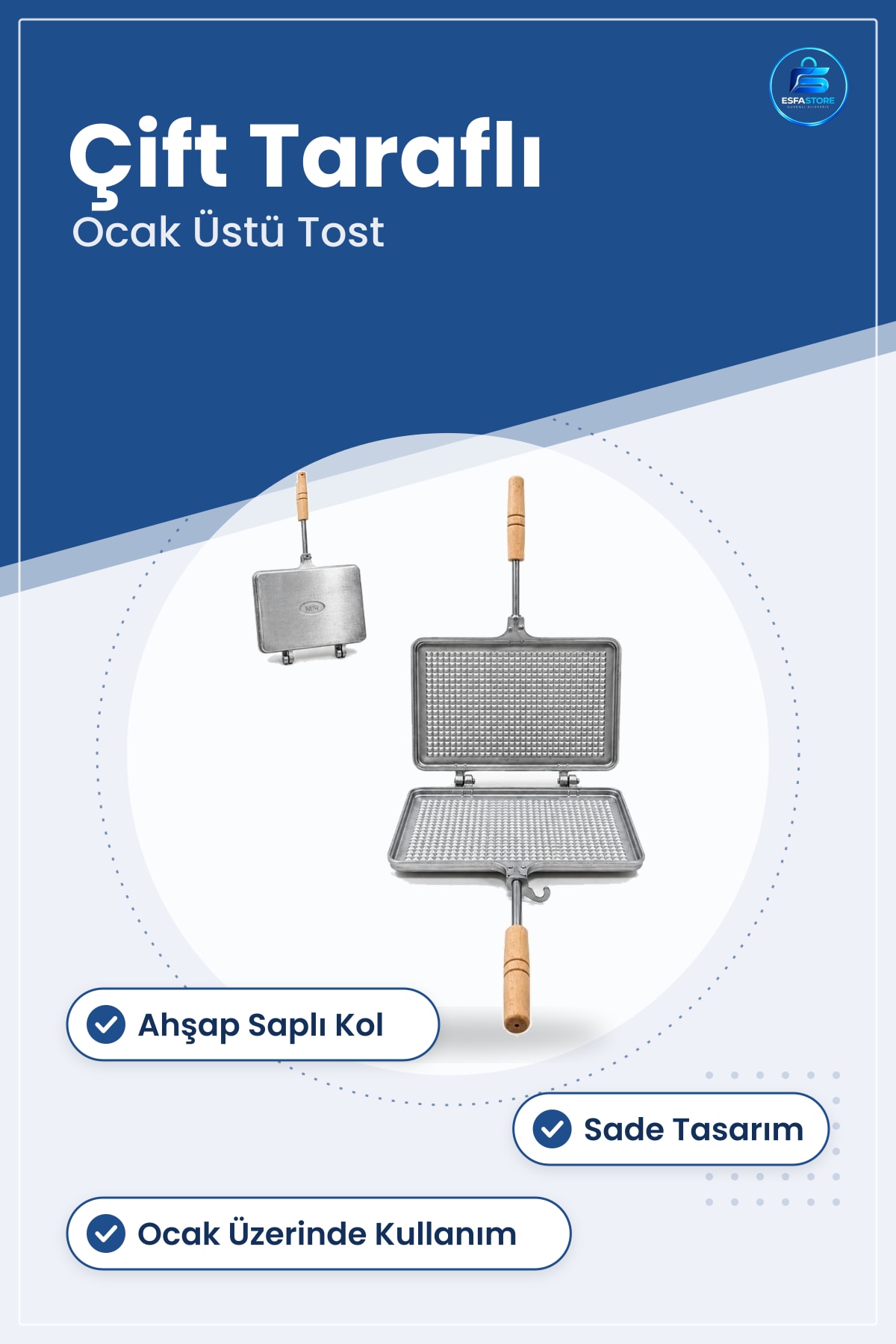 Ocak Üstü Tost Makinesi Sade Tasarım Ahşap Saplı Çift Taraflı Ev Mutfak Pratik Hazırlama Aleti