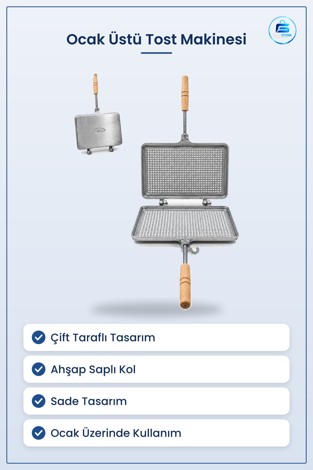 Ocak Üstü Tost Makinesi Sade Tasarım Ahşap Saplı Çift Taraflı Ev Mutfak Pratik Hazırlama Aleti