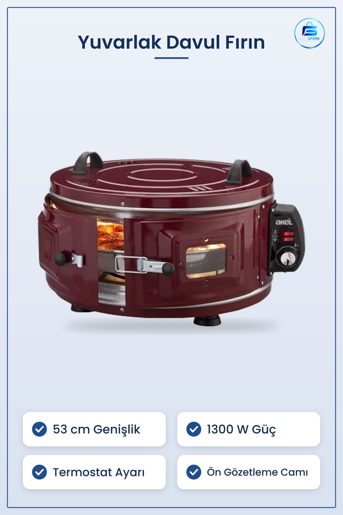 Yuvarlak Davul Fırın 53 cm 1300W ila °C Ayarlı Termostat Ekmek Börek Pizza Pişirme