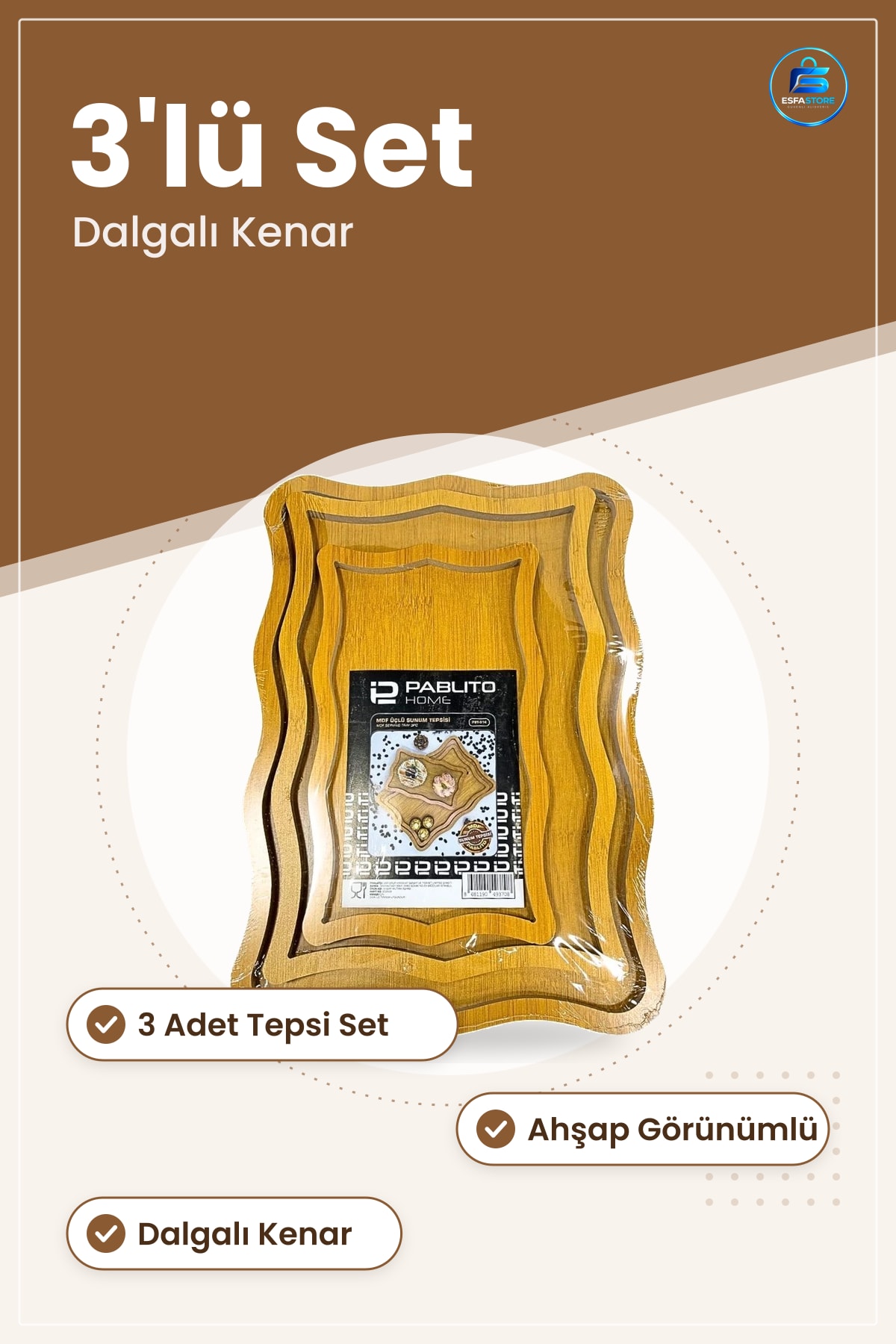 MDF Üçlü Sunum Tepsisi Ahşap Görünümlü Dalgalı Kenarlı Servis Seti Mutfak Sofra Kahvaltı Tepsi