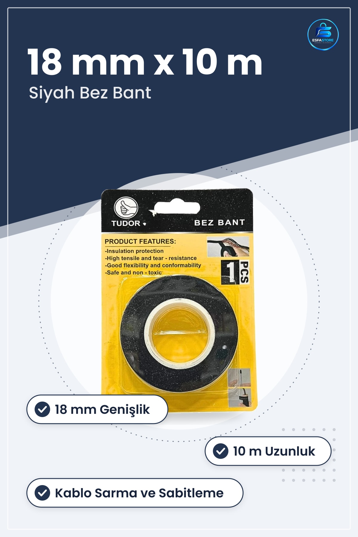 Bez Bant 18 mm x 10 m Siyah Yalıtım Esnek Kablo Sarma Onarım Sabitleme İşleri İçin Hırdavat