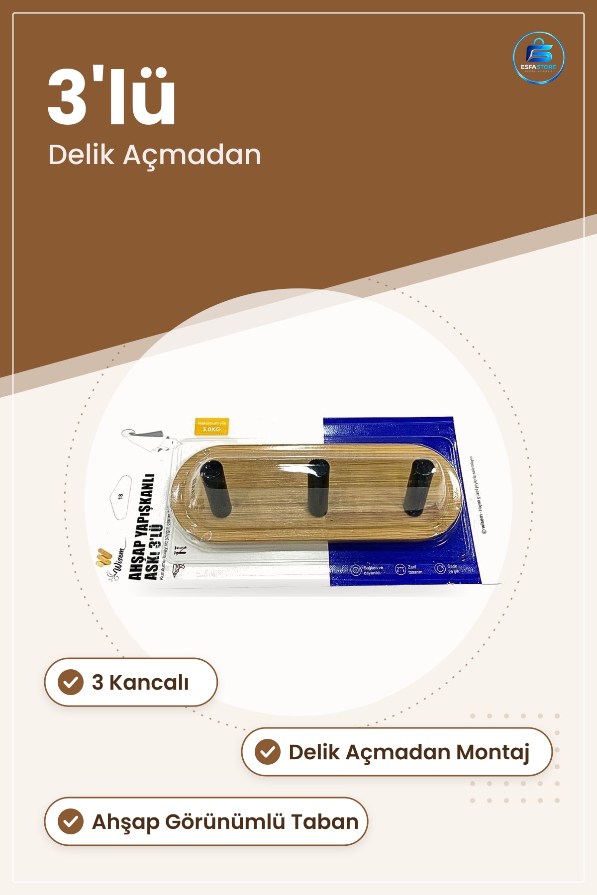 Ahşap Yapışkanlı Askı 3'lü Delik Açmadan Duvar Mutfak Banyo Kapı Arkası Havlu Kanca Sağlam