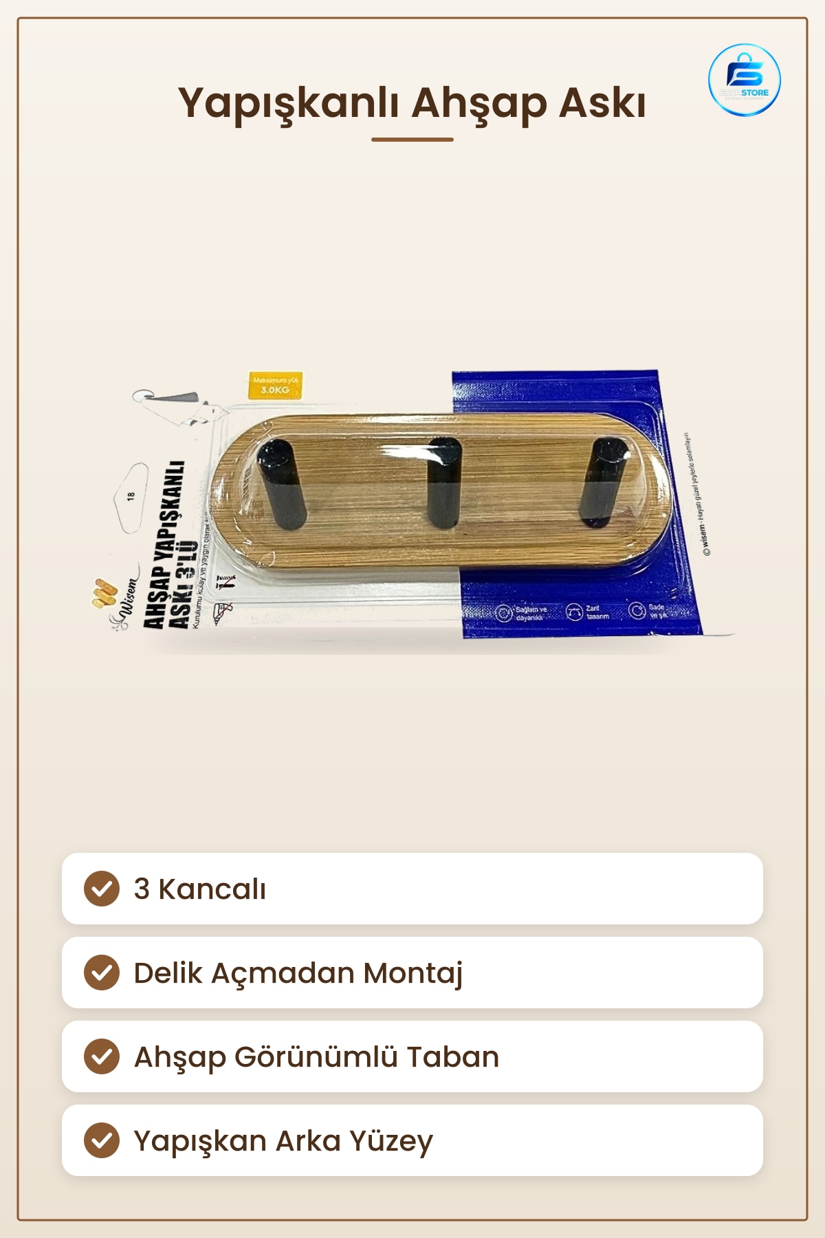 Ahşap Yapışkanlı Askı 3'lü Delik Açmadan Duvar Mutfak Banyo Kapı Arkası Havlu Kanca Sağlam