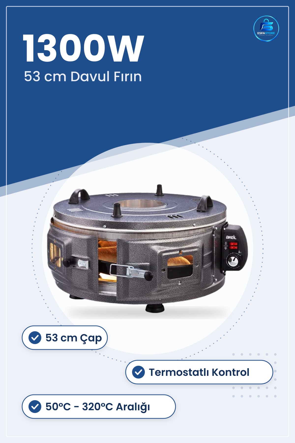 Yuvarlak Davul Fırın 53 cm 1300W Termostatlı Paslanmaz Çelik Gövdeli Ekmek Pizza Börek Mutfak