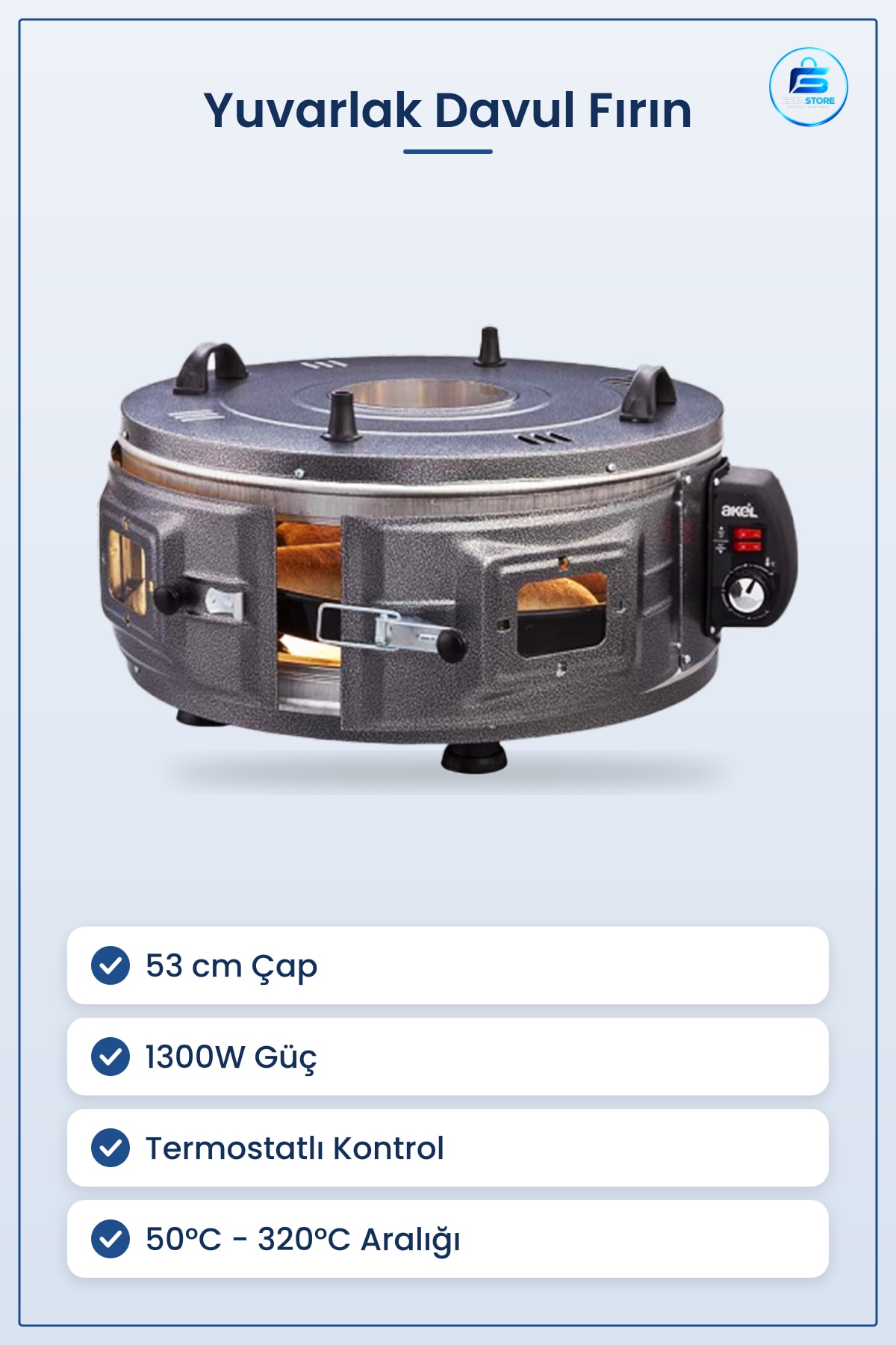 Yuvarlak Davul Fırın 53 cm 1300W Termostatlı Paslanmaz Çelik Gövdeli Ekmek Pizza Börek Mutfak