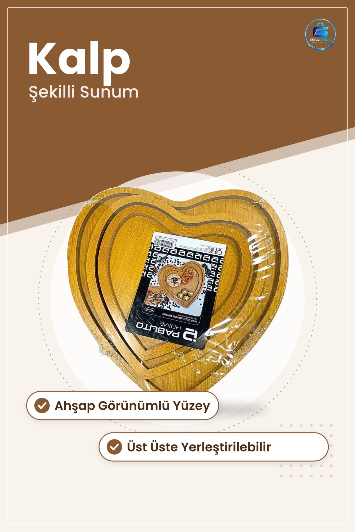 Kalpli Sunum Tepsisi Kalp Şekilli Ahşap Görünümlü Servis Mutfak ve Sofra İçin Dekoratif Tepsi