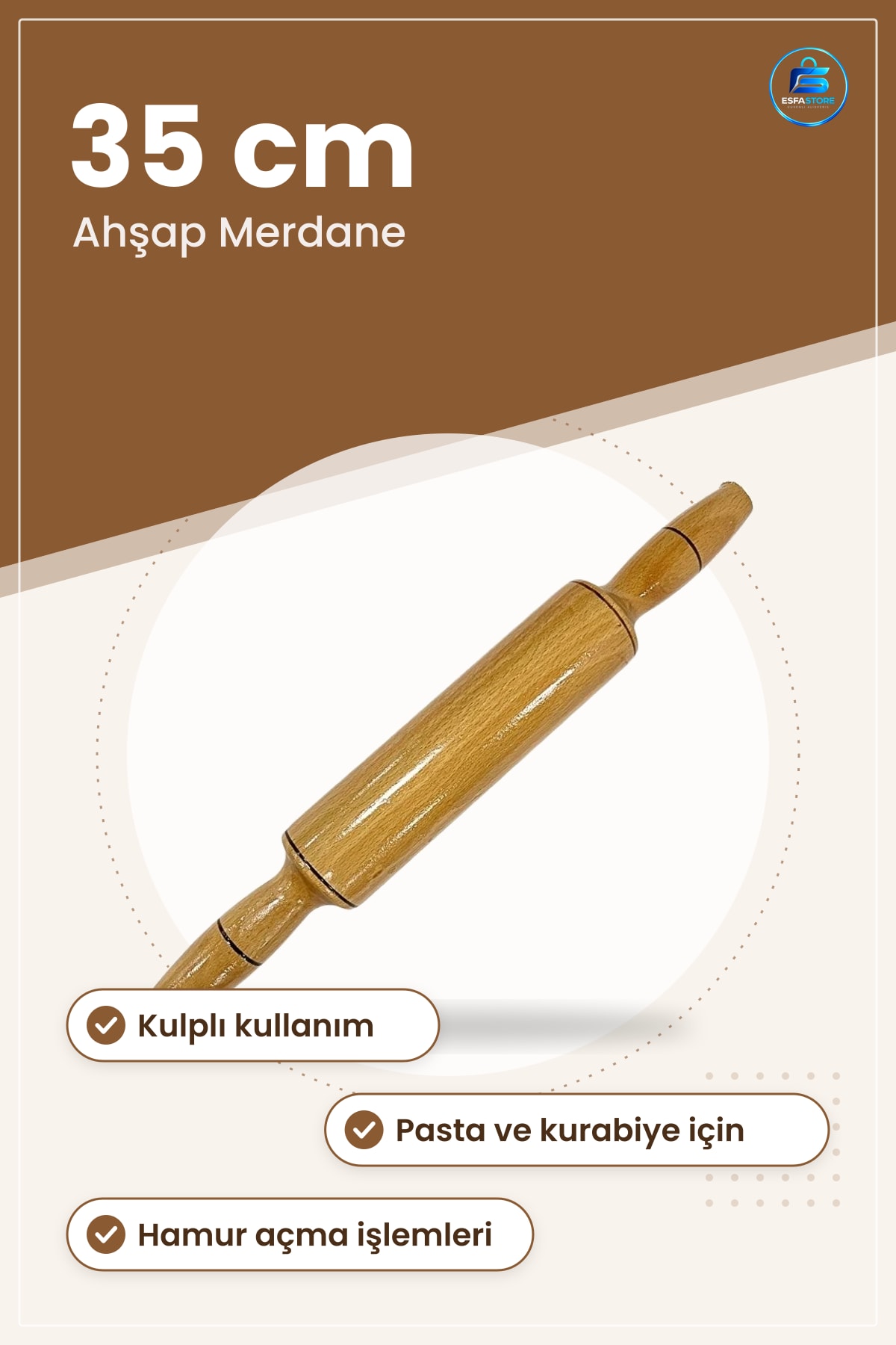 Mini Merdane 35 cm Ahşap Oklava Hamur Şekillendirici Mutfak Pasta Kurabiye Açma Aleti