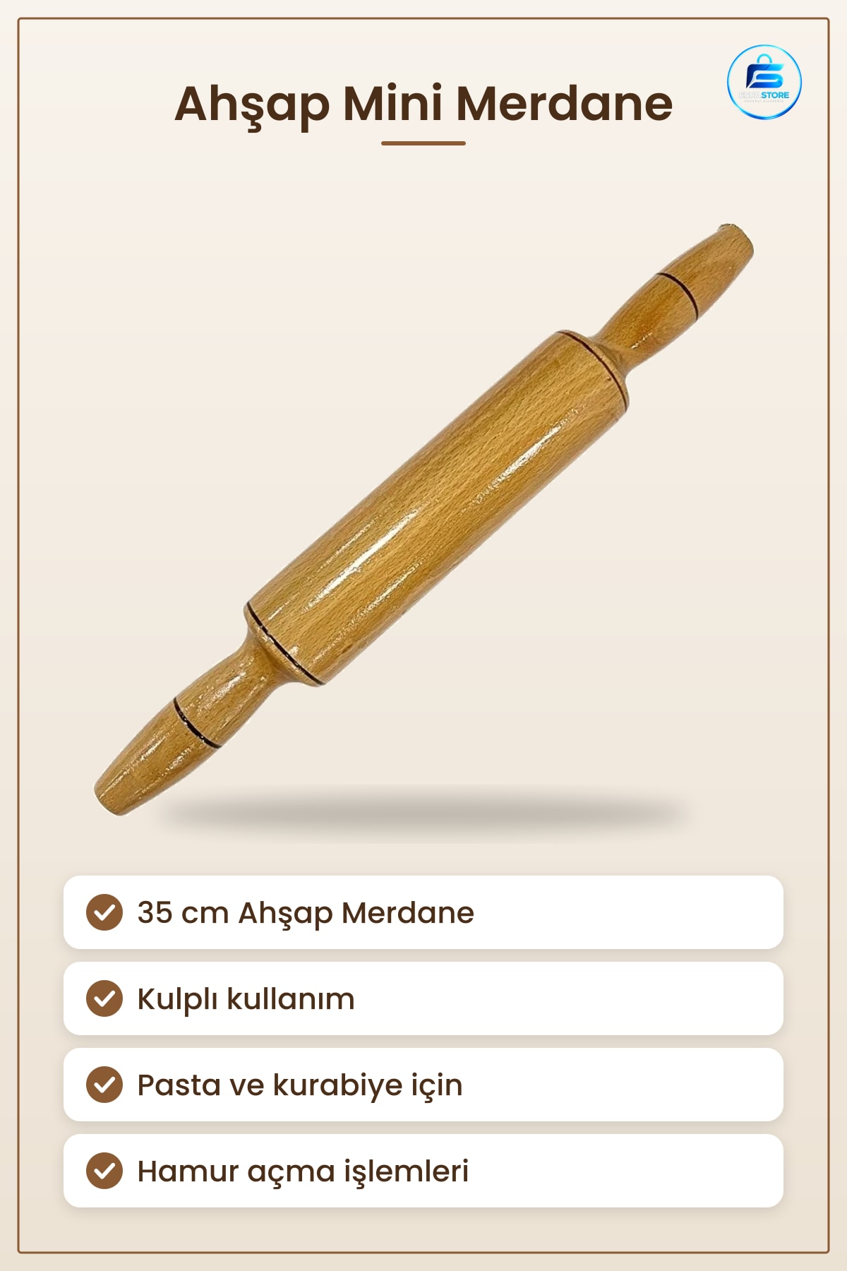 Mini Merdane 35 cm Ahşap Oklava Hamur Şekillendirici Mutfak Pasta Kurabiye Açma Aleti