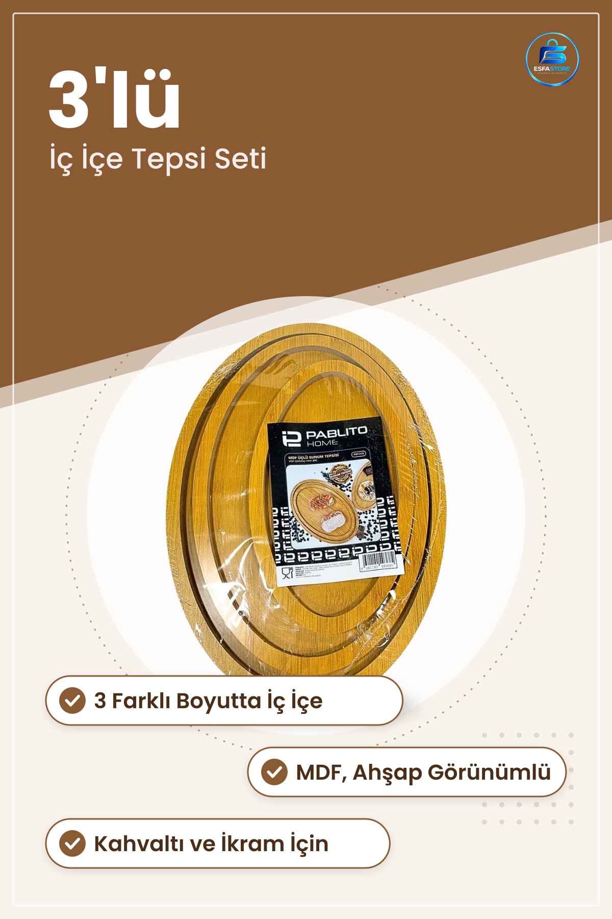 MDF Oval Sunum Tepsisi 3 Lü Set Servis Tepsi Mutfak Sofra Dekoratif Kahvaltı Ikram Pratik Ahşap