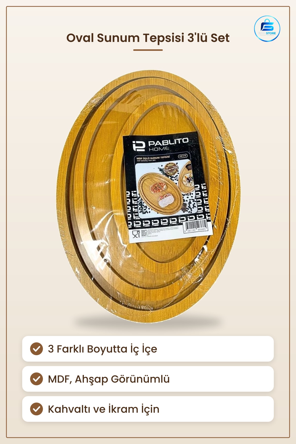 MDF Oval Sunum Tepsisi 3 Lü Set Servis Tepsi Mutfak Sofra Dekoratif Kahvaltı Ikram Pratik Ahşap