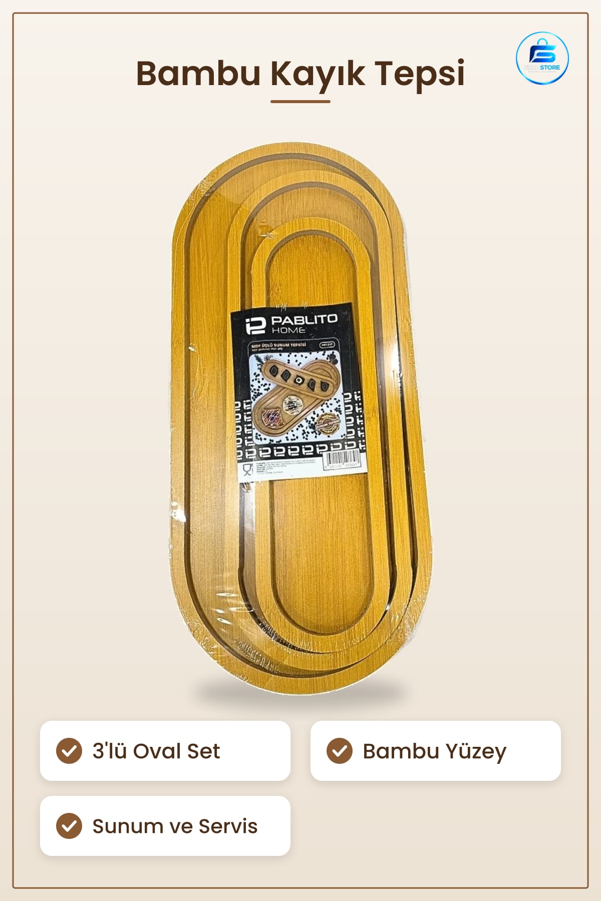 Kayık Tepsi Bambu 3 Lü Set Oval Sunum Servis Tepsisi Mutfak Sofra Dekoratif Kahvaltı Ikram
