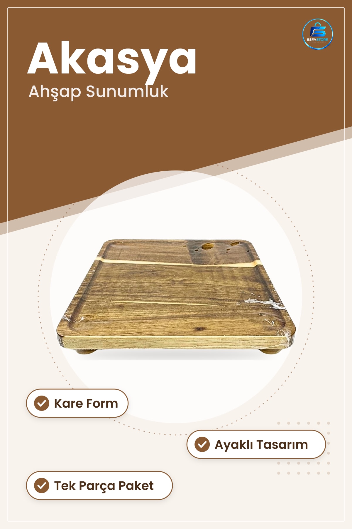 Akasya Kare Ayaklı Sunumluk Tepsi Ahşap Servis Mutfak Sofra Dekoratif Sunum Atıştırmalık Aksesuarı
