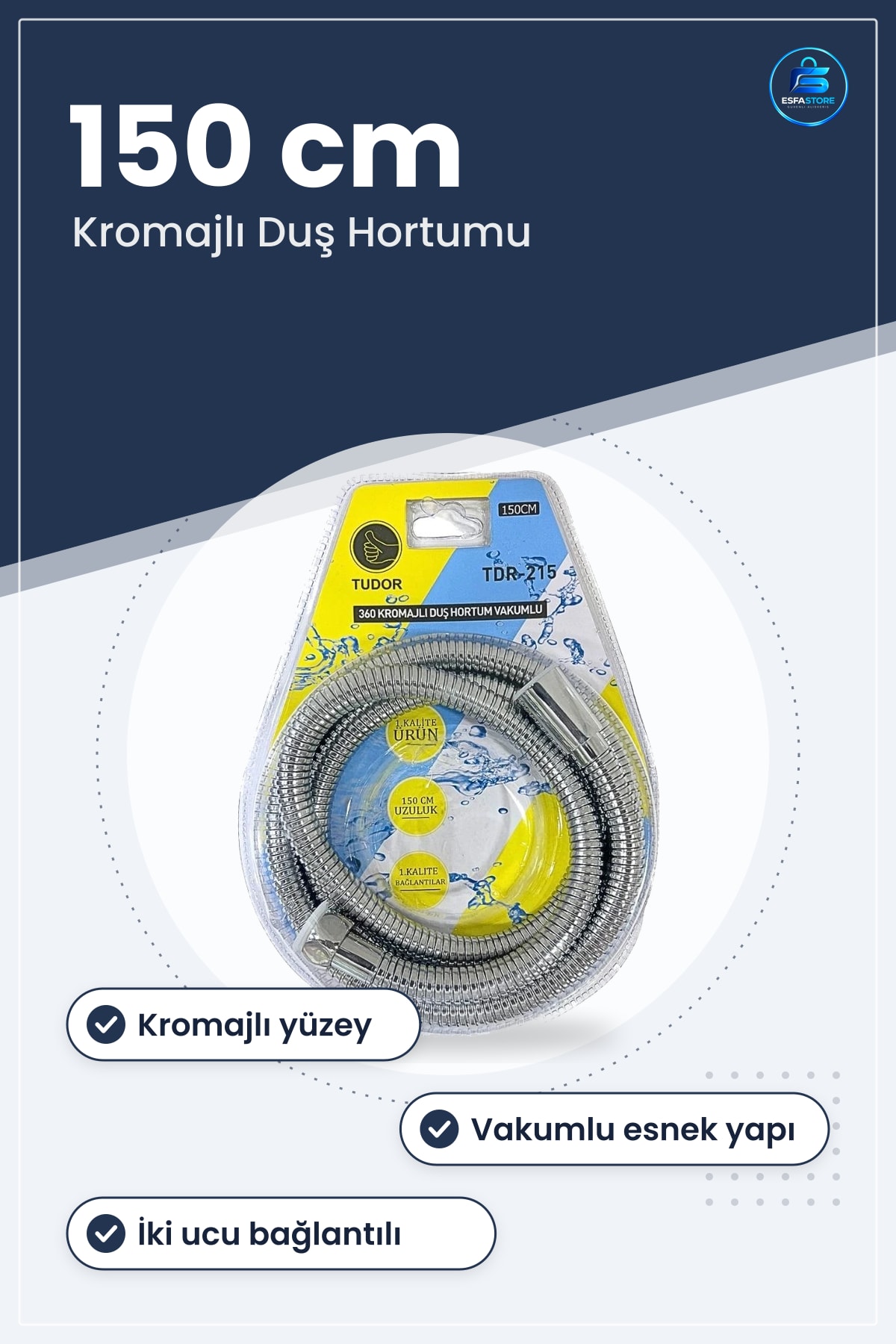 Kromajlı Duş Hortumu 150 cm Vakumlu Esnek Banyo Duşakabin Aksesuarı Bağlantılı Kullanışlı