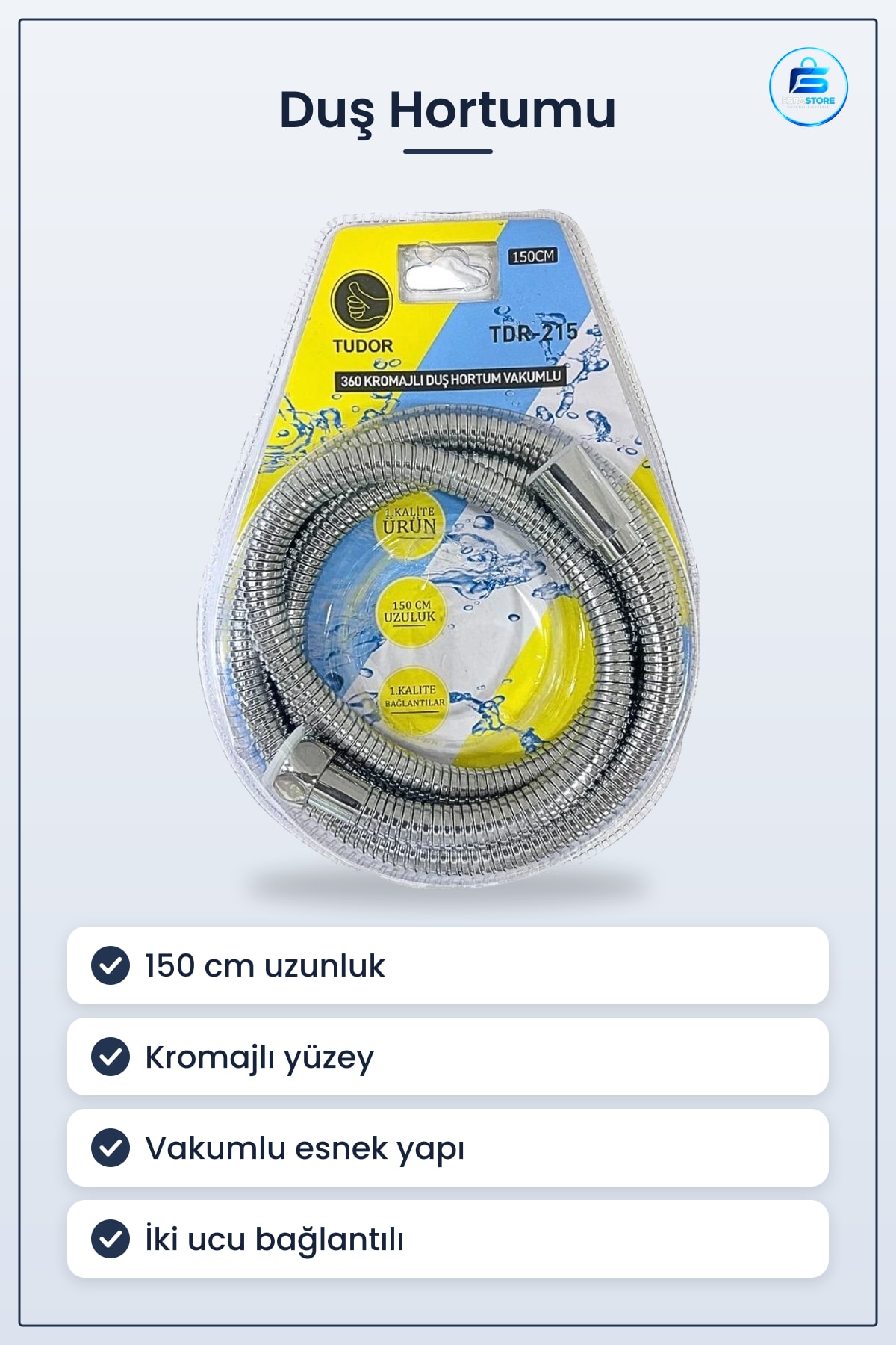 Kromajlı Duş Hortumu 150 cm Vakumlu Esnek Banyo Duşakabin Aksesuarı Bağlantılı Kullanışlı