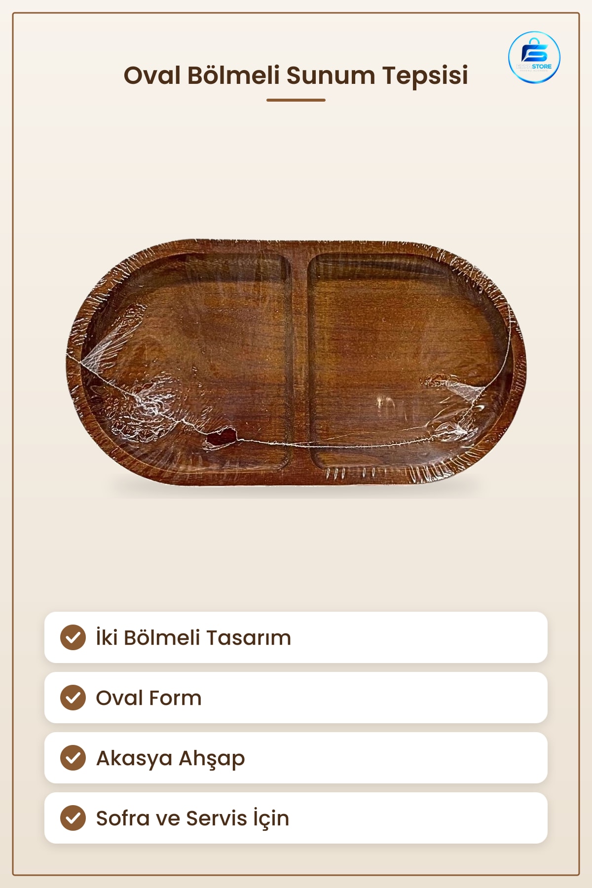 Tepsi Akasya Oval Bölmeli Sunumluk Ahşap Mutfak Sofra Servis Kahvaltı Sunum Kolaylığı