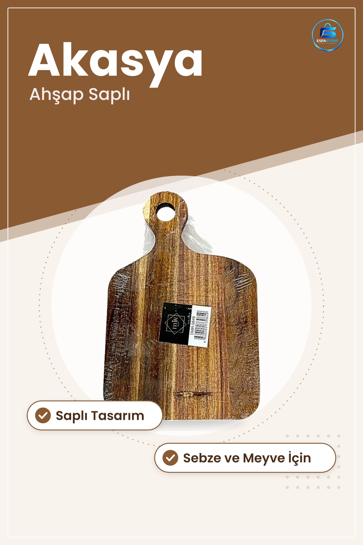 Akasya Ahşap Saplı Kesme Tahtası Kesim Panosu Mutfak Sebze Meyve Doğrama Servis Sunum