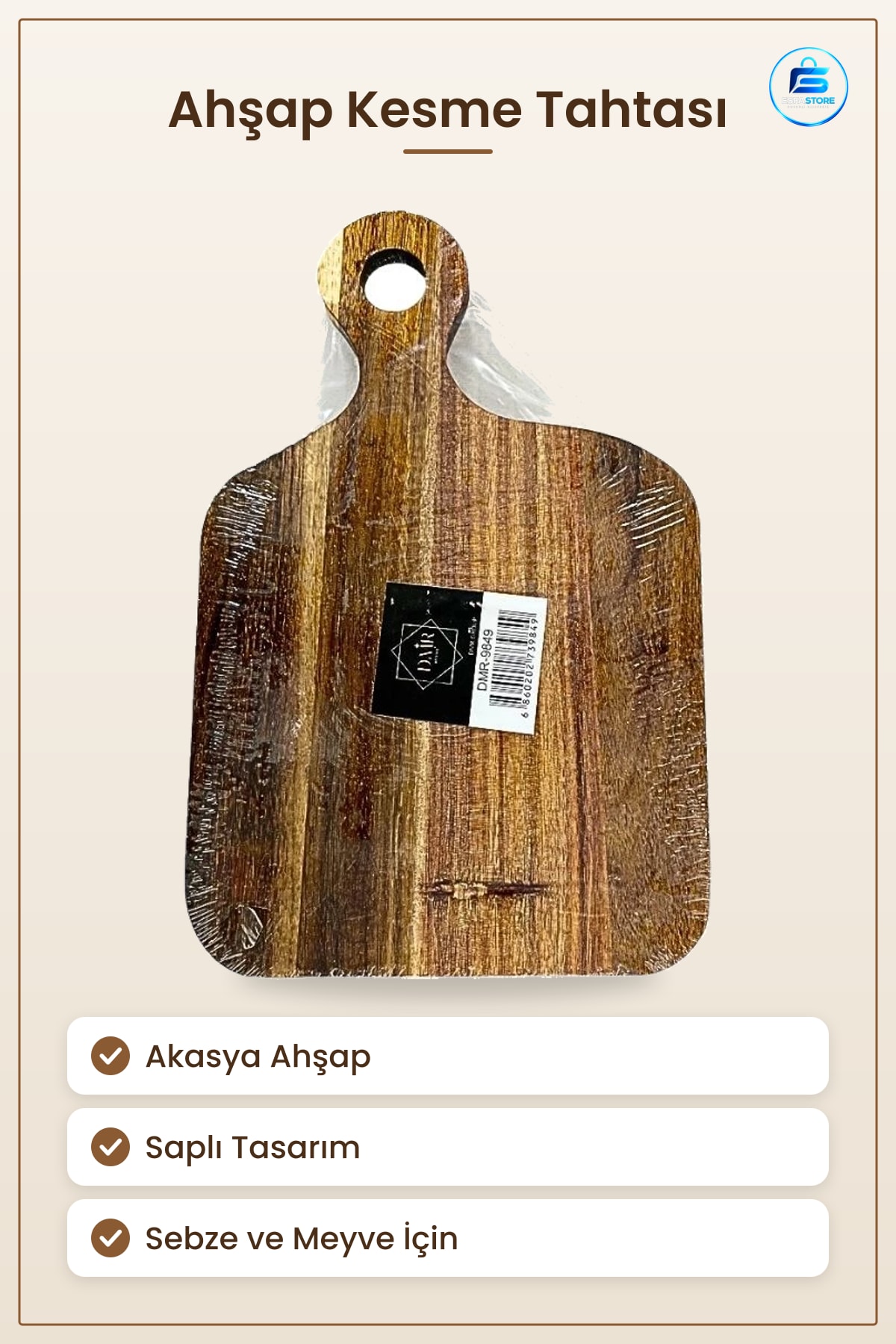 Akasya Ahşap Saplı Kesme Tahtası Kesim Panosu Mutfak Sebze Meyve Doğrama Servis Sunum