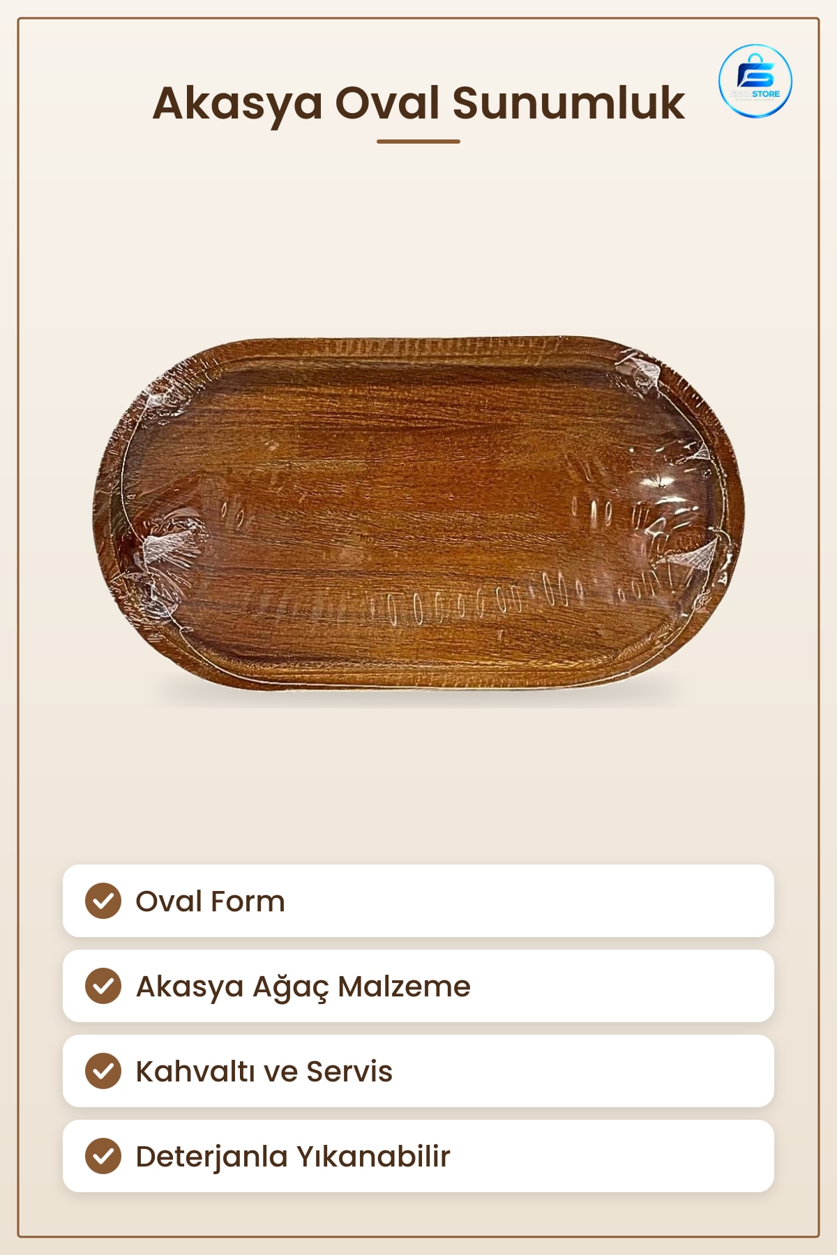 Sunumluk Akasya Oval Ahşap Servis Mutfak Sofra Kahvaltı Tepsisi Ev Dekorasyon Yemek