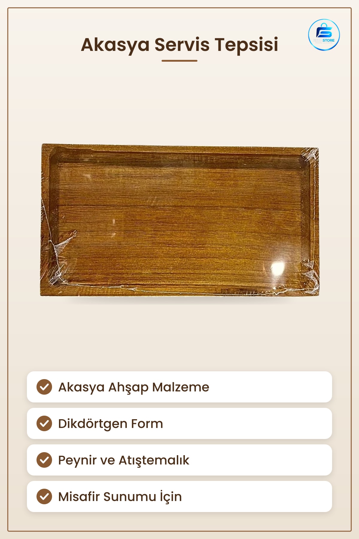 Akasya Dikdörtgen Sunumluk Ahşap Servis Tepsisi Peynir Tabağı Atıştırmalık Sunum Kesme Tahtası