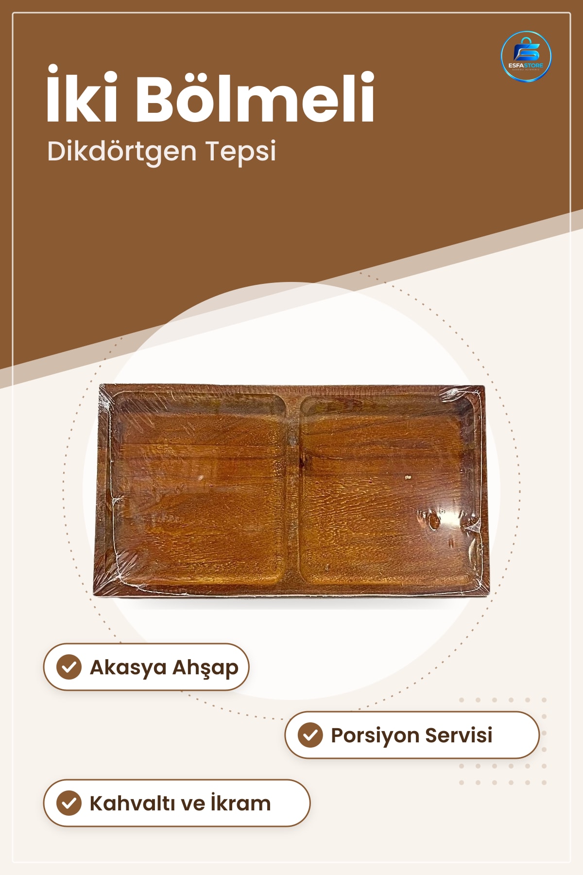 Akasya Ahşap Dikdörtgen Bölmeli Sunumluk Tepsi Servis Mutfak Sofra Porsiyon Kahvaltı Ikram Pratik