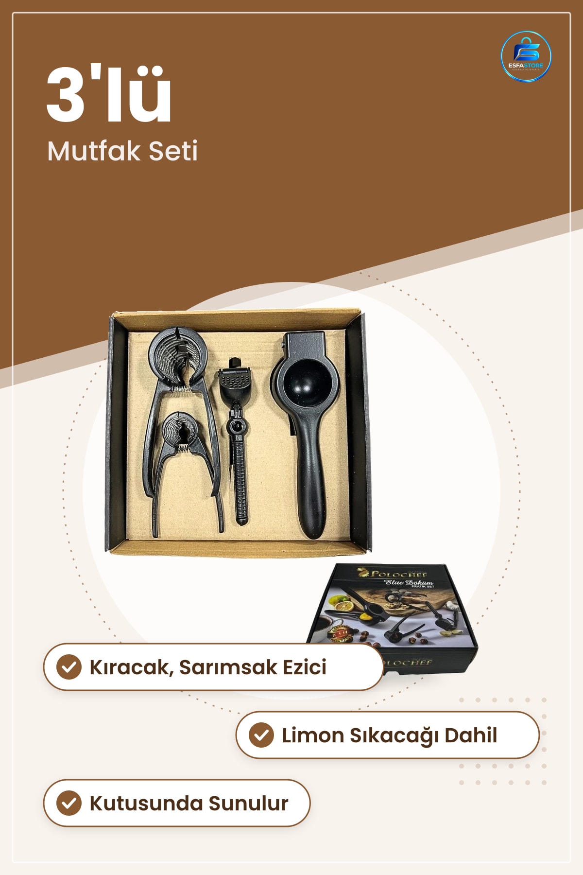 Ceviz Fındık Kıracağı Pratik Set Sarımsak Ezici Limon Sıkacağı Mutfak Yemek Hazırlık
